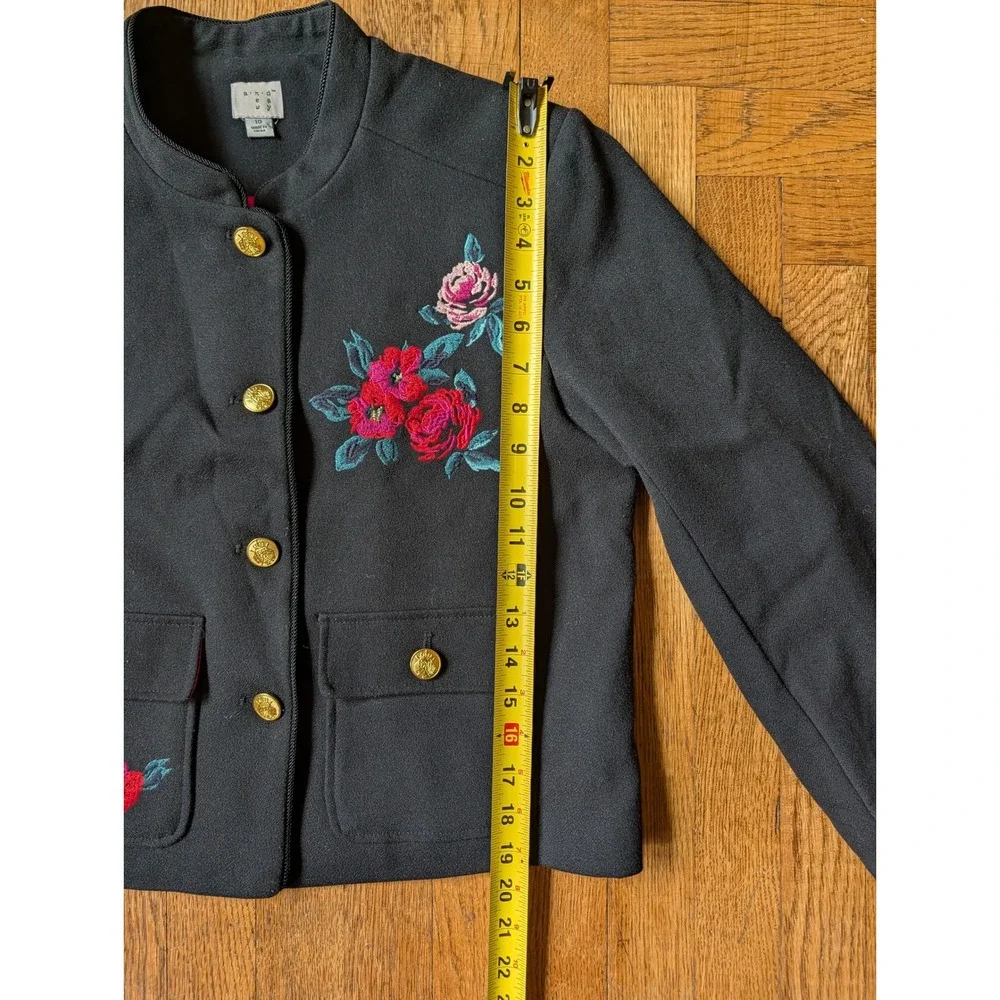 A New Day Black Embroidered Floral Military Jacket Gold Buttons Cropped 10